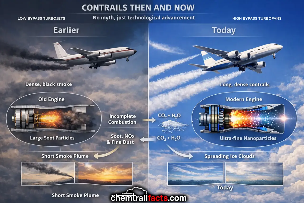 Image comparing low bypass turbojets, high bypass turbofans, and exhaust particle size related to aviation induced cloudiness.