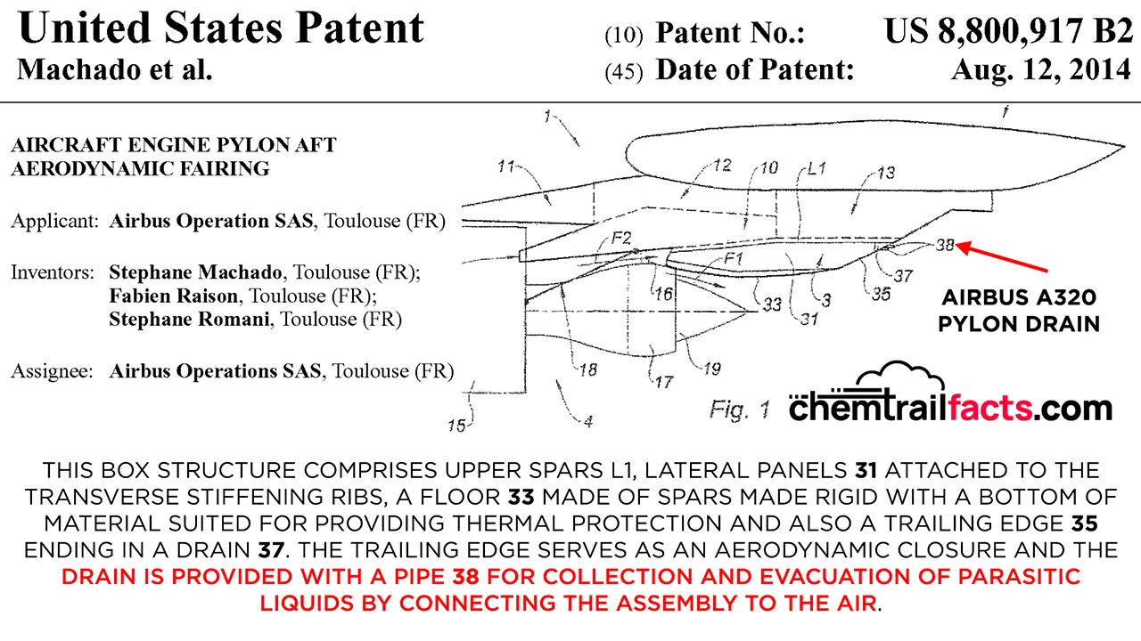 Image of Airbus A320 pylon drains: the drain is provided with a pipe 38 for collection and evacuation of parasitic liquids by connecting the assembly to the air.