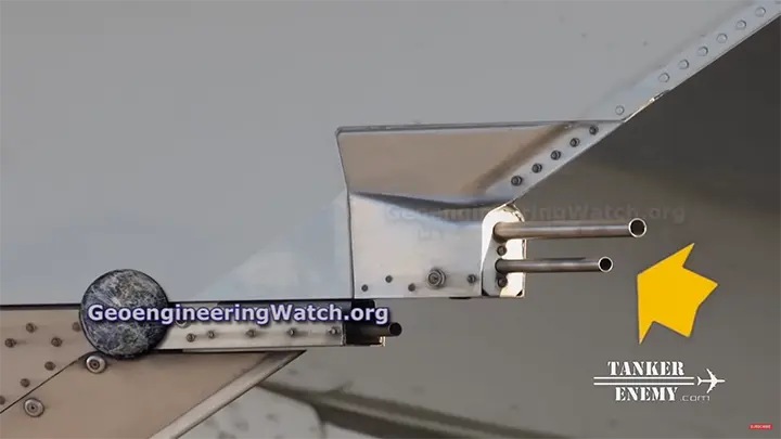 Close-up image of Airbus A320 pylon drains. Claimed to be retrofitted chemtrail spray nozzles in The Dimming by Dane Wigington.