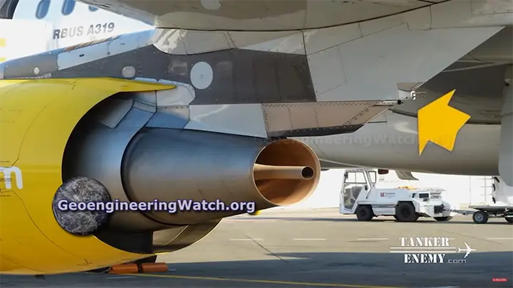 Image of Airbus A320 pylon drains. Claimed to be retrofitted chemtrail spray nozzles in The Dimming by Dane Wigington.