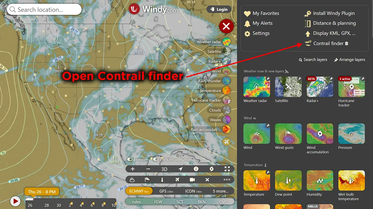 Installing and running Contrail Finder Plugin on Windy.com. Step 1
